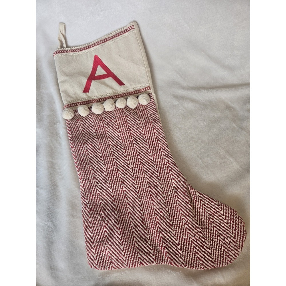 Drew DeRose Monogram A Christmas‎ Stocking Red Herringbone Pom Pom 20" Cotton